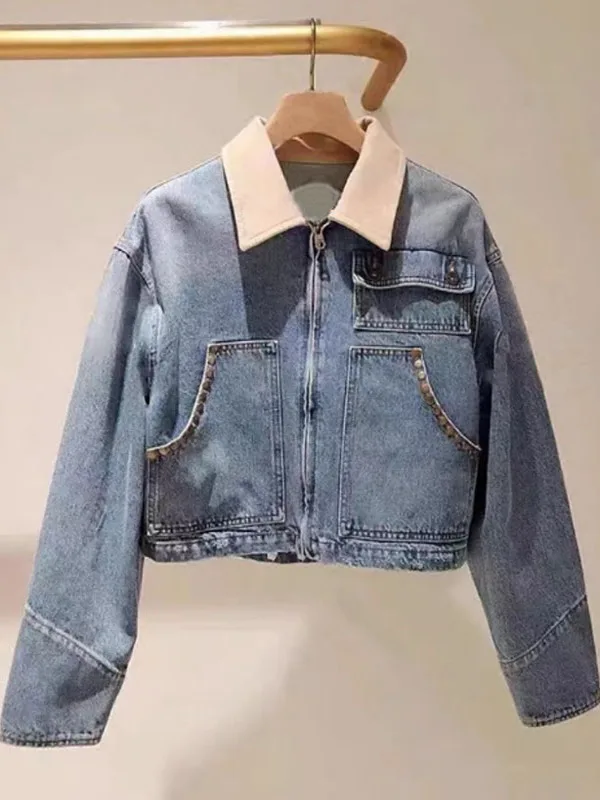 

Весна 2025: Женская джинсовая куртка с заклепками и вставками, прямого кроя, из хлопка, стандартной длины