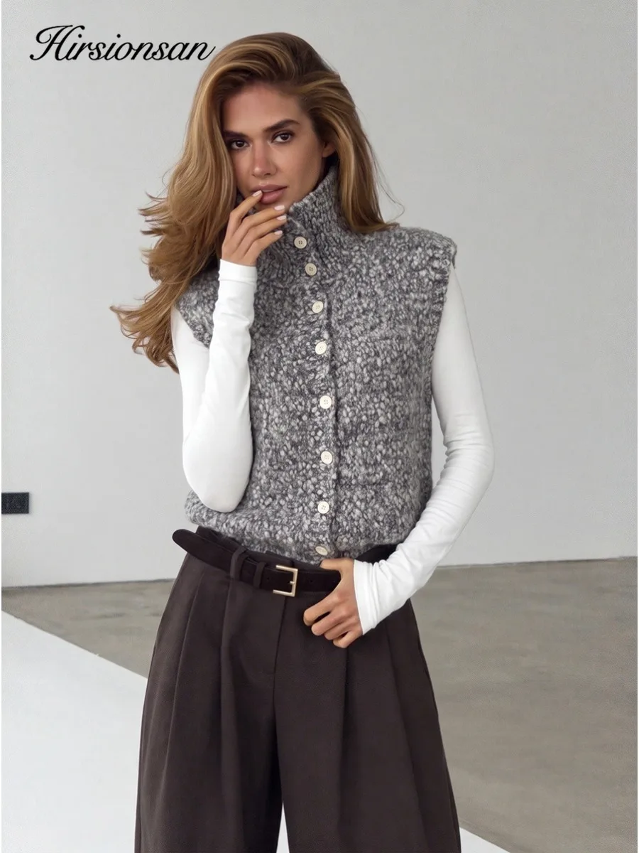 Hirsionsan Women High Neck Knit Vest Sleeveless Button Down Cardigan Gilet Melange Yarn Casual Autumn Winter Sweater Waistcoat