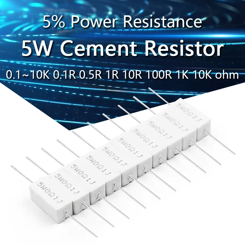 

5PCS 5W 5% Cement Resistor Power Resistance 0.1 ~ 10K 0.1R 0.5R 1R 10R 100R 0.22 0.33 0.5 1 2 5 8 10 15 20 25 30 100 1K 10K ohm