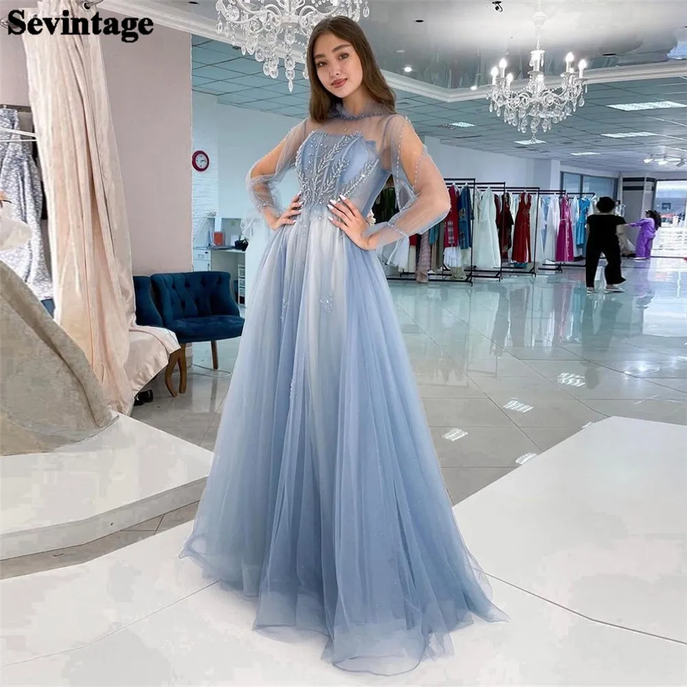 

Sevintage Elegant Sky Blue Tulle Prom Dress A-Line Spaghrtti Strap Applique Floor Length Formal Evening Dresses Women Party Gown