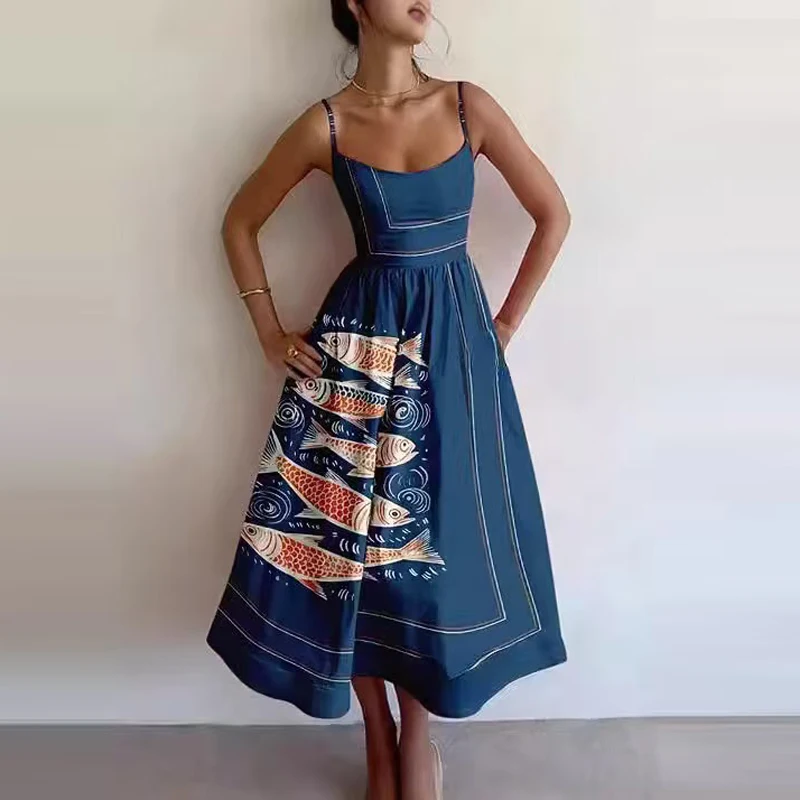 2024 Summer Ethnic Style Women Dresses Casual Strap Off Shoulder Holiday Dress All Match Printed Tie-up Loose Pocket Maxi Dress