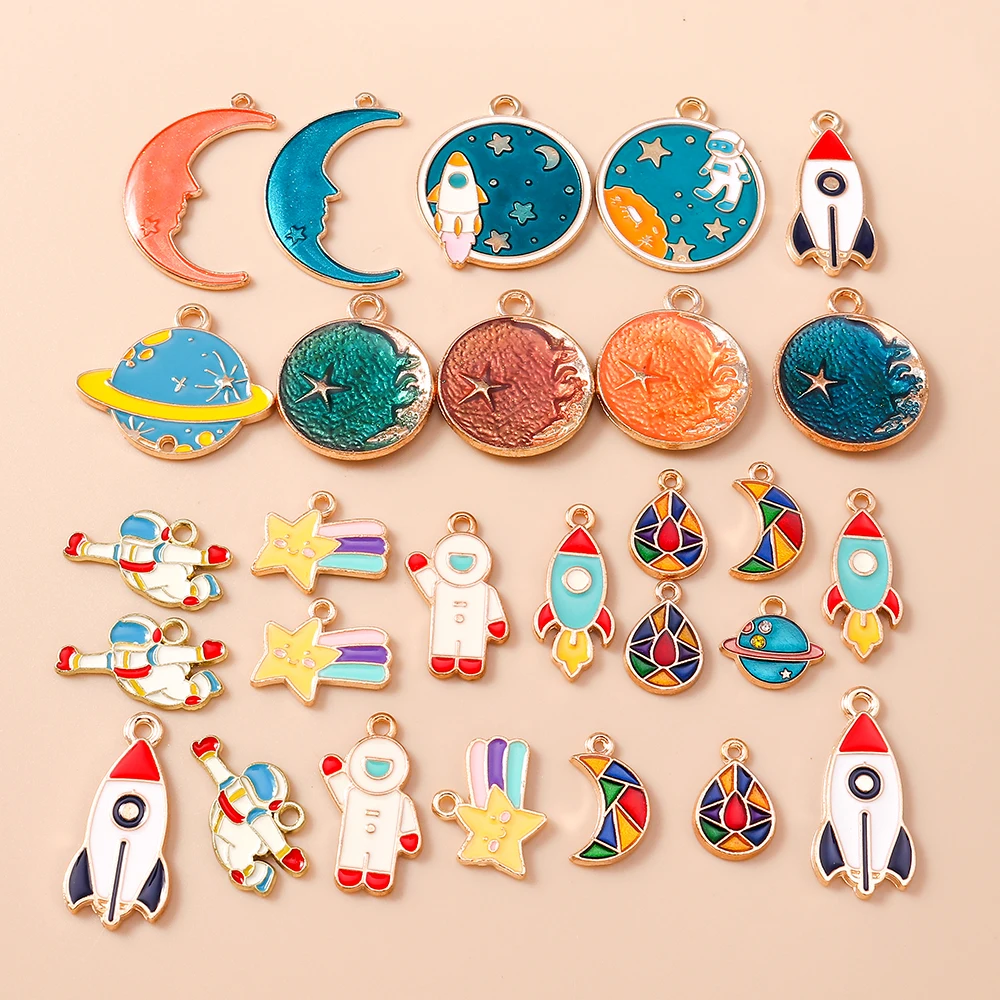 Leslie 10pcs Enamel Moon Star Spaceman Rocket Astronaut Charms for Necklaces Bracelet Earrings DIY Jewelry Making Accessories