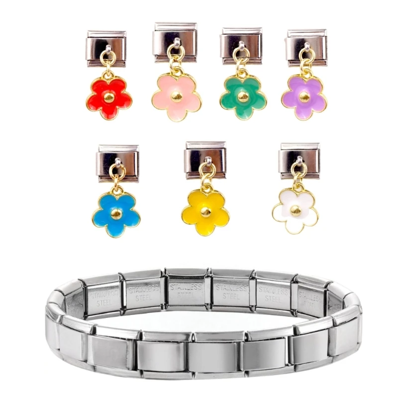 YQ 7 Pack Flower Italian Modular Bracelet Band Link Connector Stainless Steel Jewelry Accessories Suitable for Enthusiasts