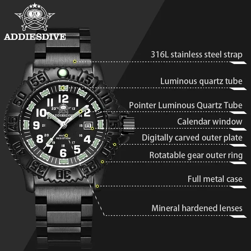 ADDIESDIVE 2023 Men\'s Sports Watch Military Sports Luxury Rotating Bezel Luminous Watch Nylon Strap 50m Waterproof Quartz Watch