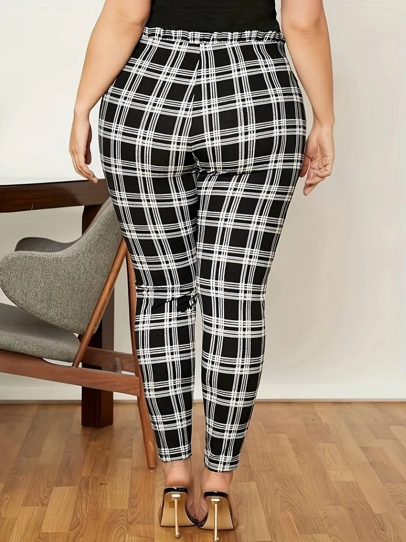 GIBSIE Plus Size Vintage Belted Plaid Pants Women Spring Summer Elegant High-waisted OL Female Casual Capris Pencil Pants