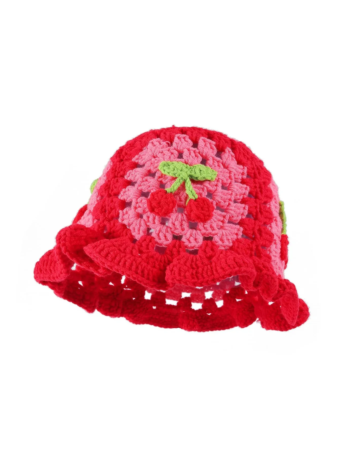 Crochet Bucket Hat for Women Handmade Cherry Floral Knitted Beanies Girl Elastic Cute Panama Beach Hat for Vacation Traveling