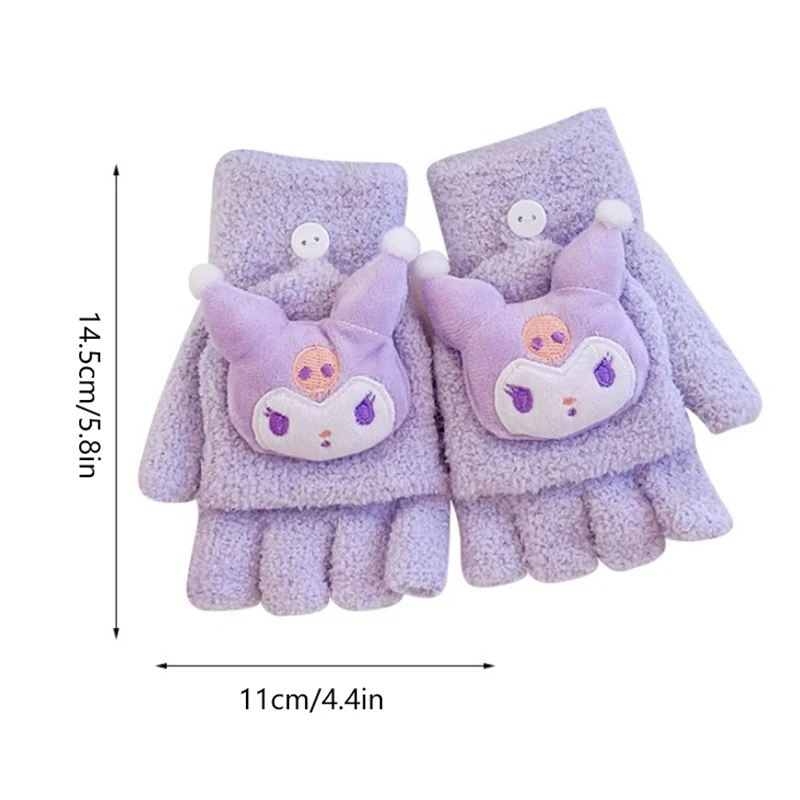 Hello Kitty Sanrio Cinnamoroll Kuromi Winter Plush Flip Gloves To Keep Warm And Cold-Proof Girls Cute Cartoon Gloves Fingerless