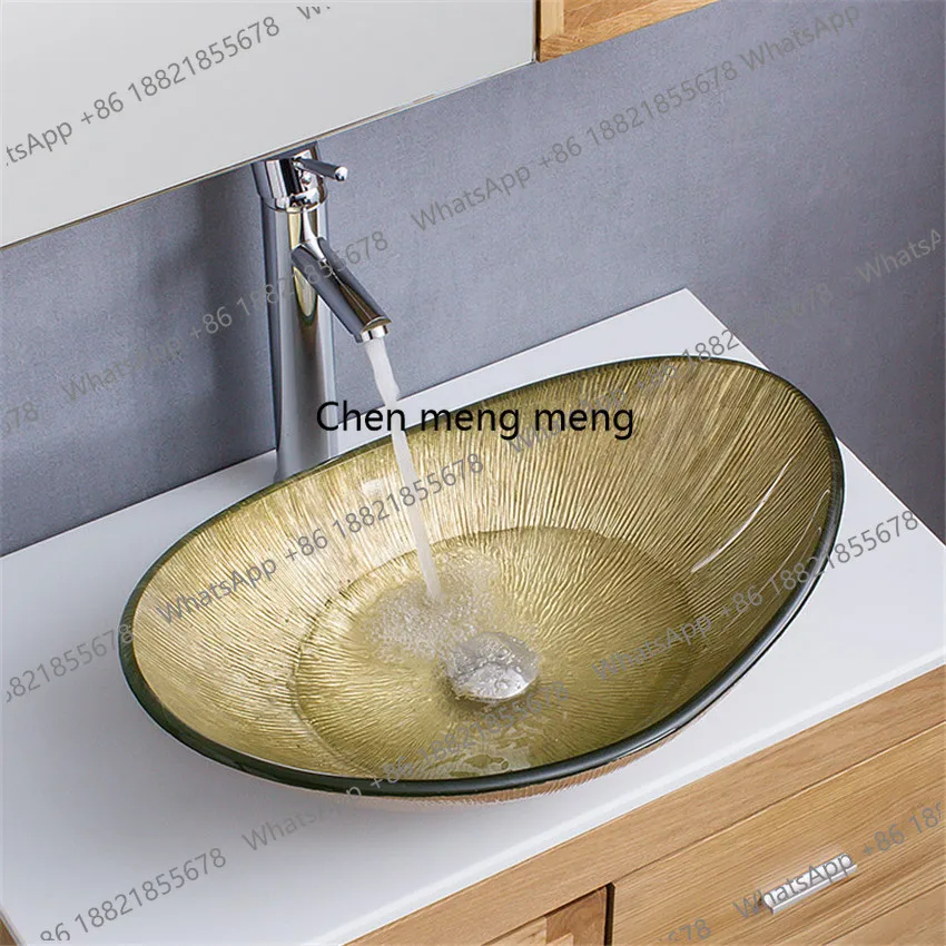 Oval Bathroom Basin Glass Sinks Countertop Vessel Washbasin Tempered Glass Line stripe Sink Chrome-plated Straight Faucet Set