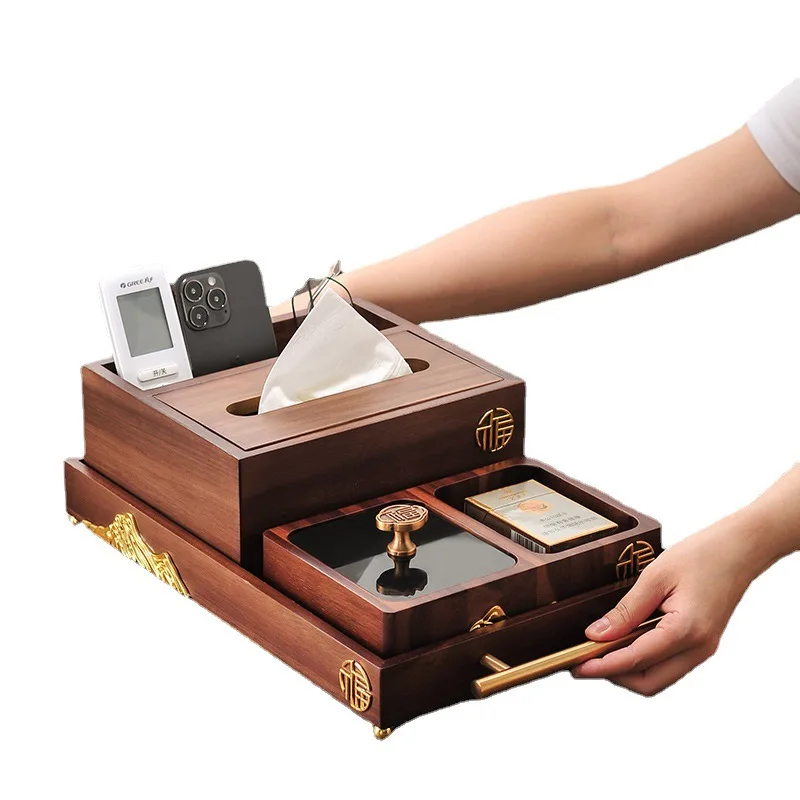 

Solid wood light luxury pumping carton high-end Chinese living room household walnut desktop wooden coffee table storage
