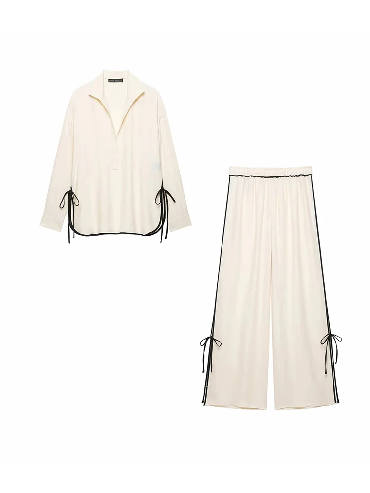 Women's 2 Piece Outfit Set Contrast Lapel Collar Long Sleeve Blouse And Wide Leg Pants Matching Set Women Casual Lady Suit