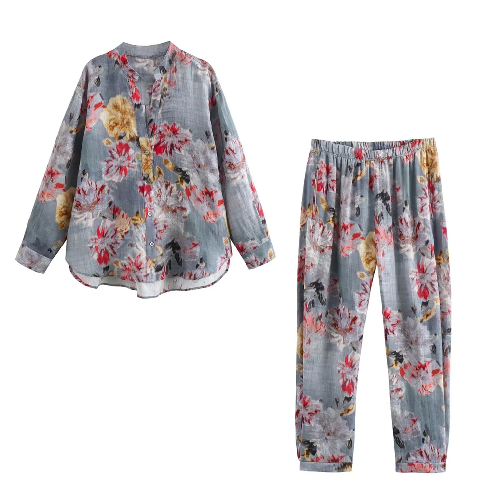 Zach Ailsa 2024 Summer New Product Women\'s Fashion Versatile V-neck Flower Print Loose Shirt Straight leg Pants Casual Set