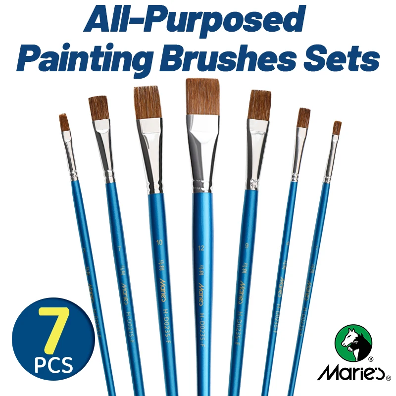 Marie's 7pcs Flat Paint Brushes Set with Wolf Hair & Long Handle for Oil, Acrylic,Gouache,Watercolor,Crafts,Models,Figures,Eggs