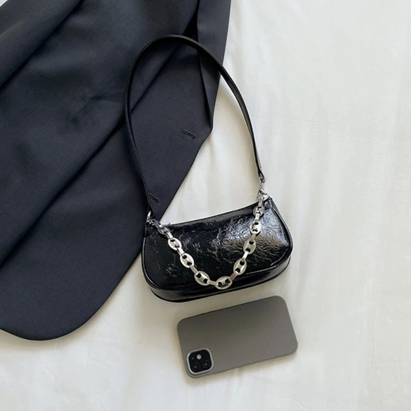 

G5AE Trendy Chain Accent Shoulder Bag Spacious Compartments Practical PU Underarm Bag