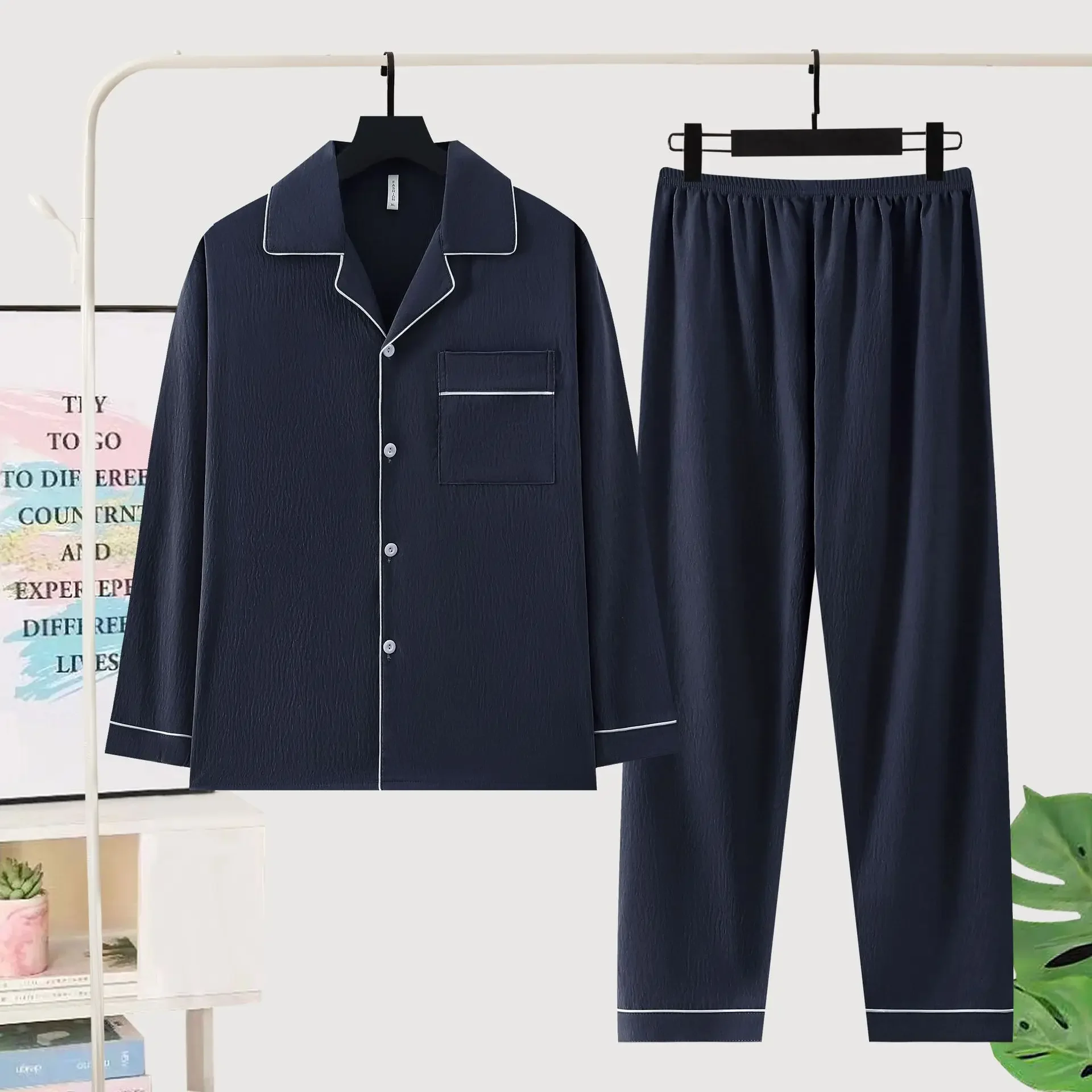 Men's Spring/Autumn Long Sleeve Long Pants Minimalist Solid Color Two-Piece Sleepwear Suitable for Outdoor Wear Loungewear