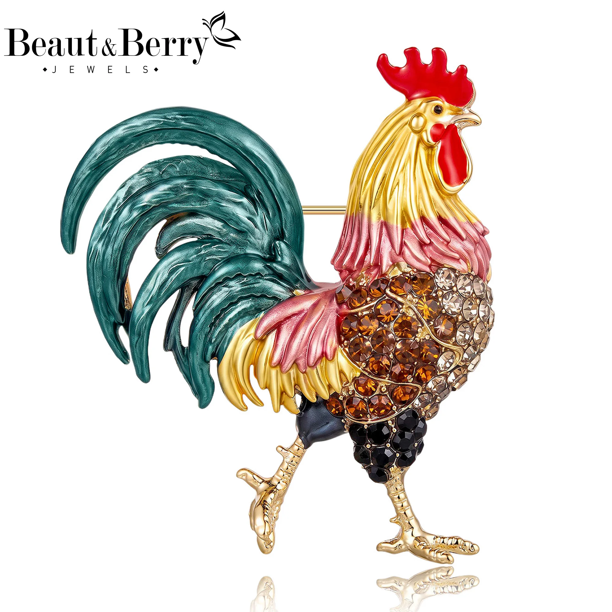 Beaut&Berry Classic Enamel Rhinestone Rooster Brooches for Women Unisex Animal Pins Casual Party Jewelry Accessories Gifts