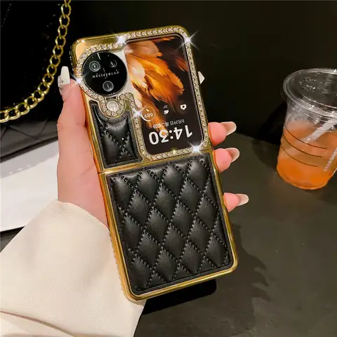 เคสหนังชุบทองลายสี่เหลี่ยมขนมเปียกปูนแบบฝาพับติดเพชร N3สำหรับ Oppo Find เคสกันกระแทกแบบฝาพับ N2