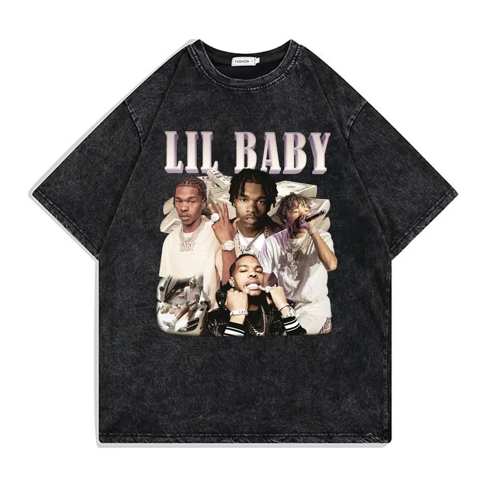 Hip Hop Rapper Wash Vintage Black Lil Baby T Shirt Men's Fashion