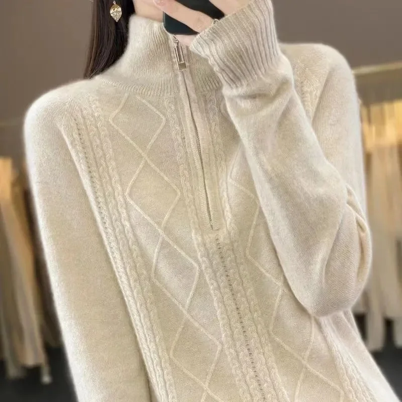 Primavera otoño mujer suéter de manga larga Tops 2025 señoras moda cremallera Chaqueta de punto suelta mujeres coreanas medio cuello alto tejido