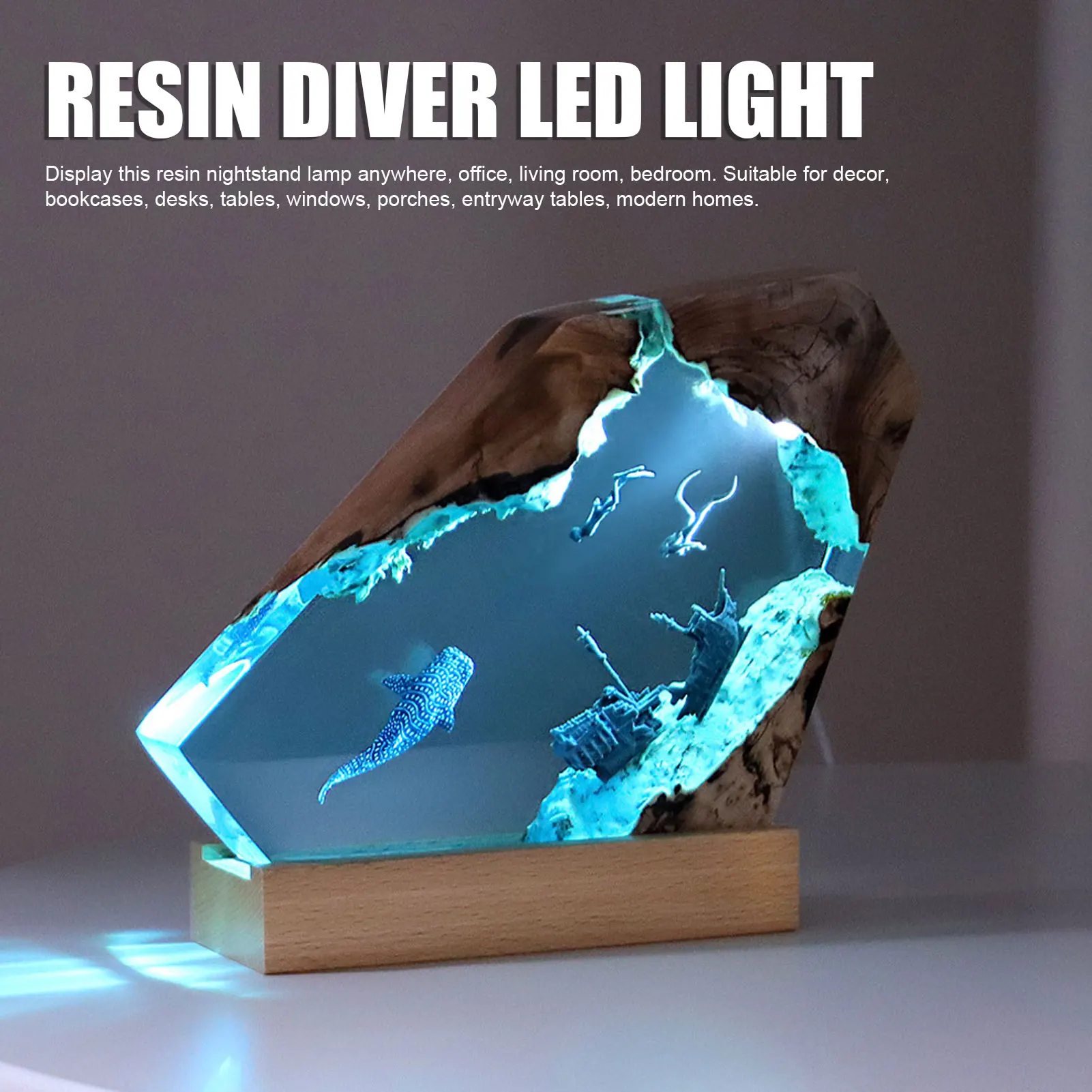 Sea Cave Diving Led Night Light Decorative 6 Levels Brightness Resin Wood Light Lamp Handmade Energy Efficient for Office