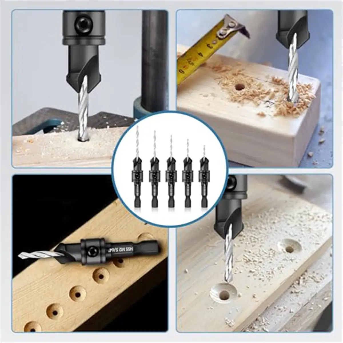 5pcs Counterbore Drill Bit Set for 5, 6, 8, 10, 12 Screws,M2 Pilot Drill Bits with 1/4