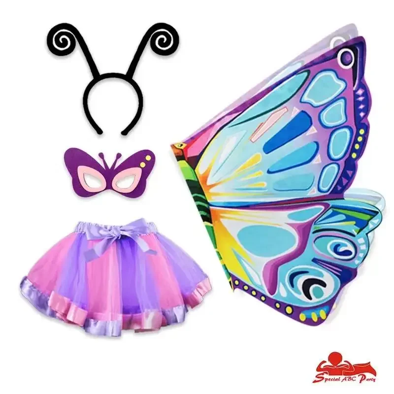 Ensemble de costumes de princesse papillon colorés pour enfants et filles, costumes de scène, bandeaux, jupes de lapin, 4 pièces