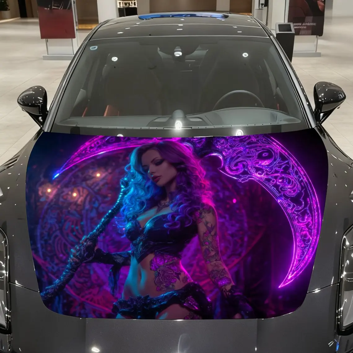 

Tattooed Woman and Scythe in Purple - Blue Atmosphere Car Vinyl Wrap, PVC Material Waterproof Car Hood Sticker, Self-Adhesive Sc
