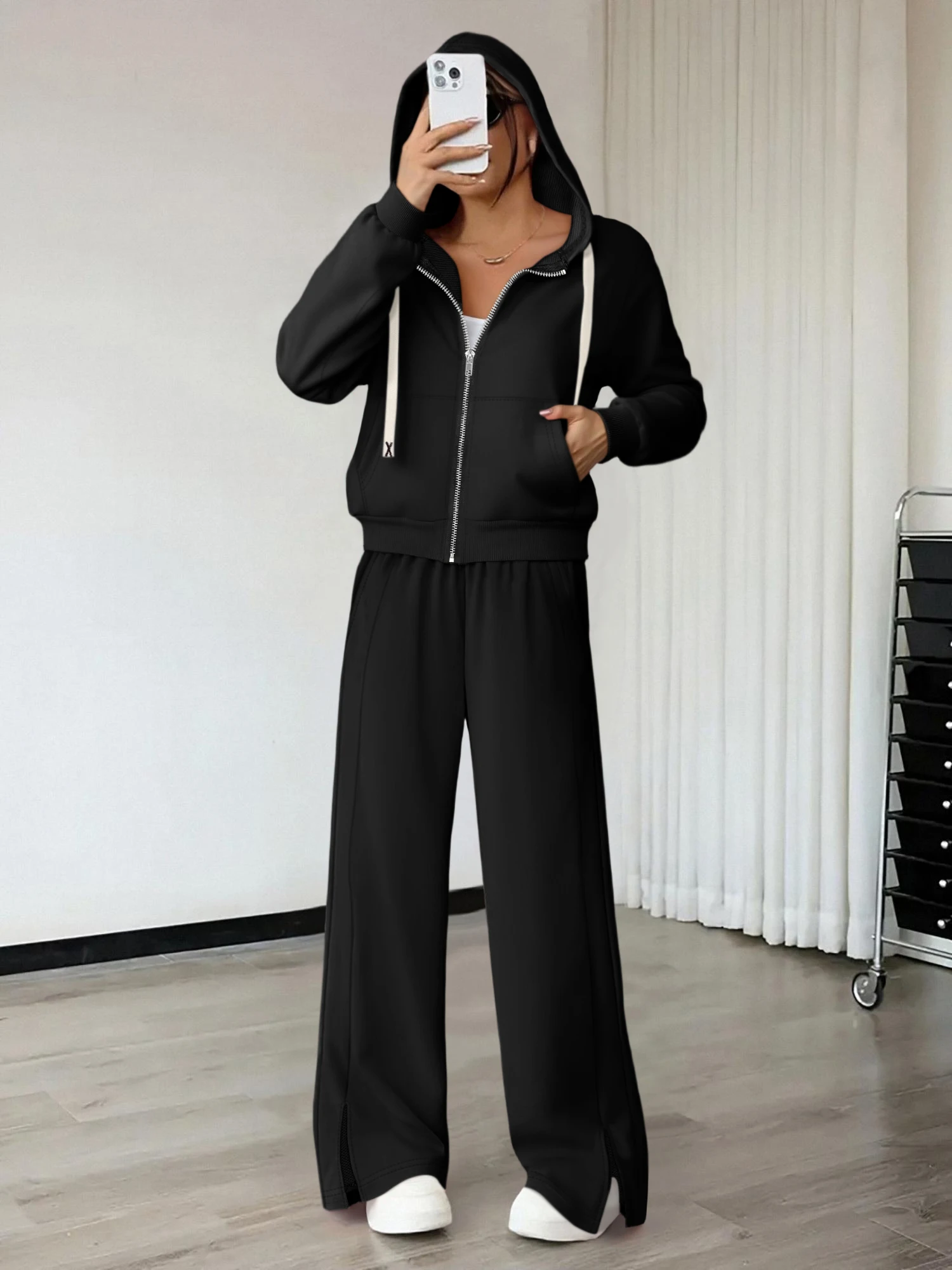 Women Loose Fit 2 Piece Outfit Zip Front Hooded Cropped Sweatshirt Split Wide Leg Pants Set view 4
