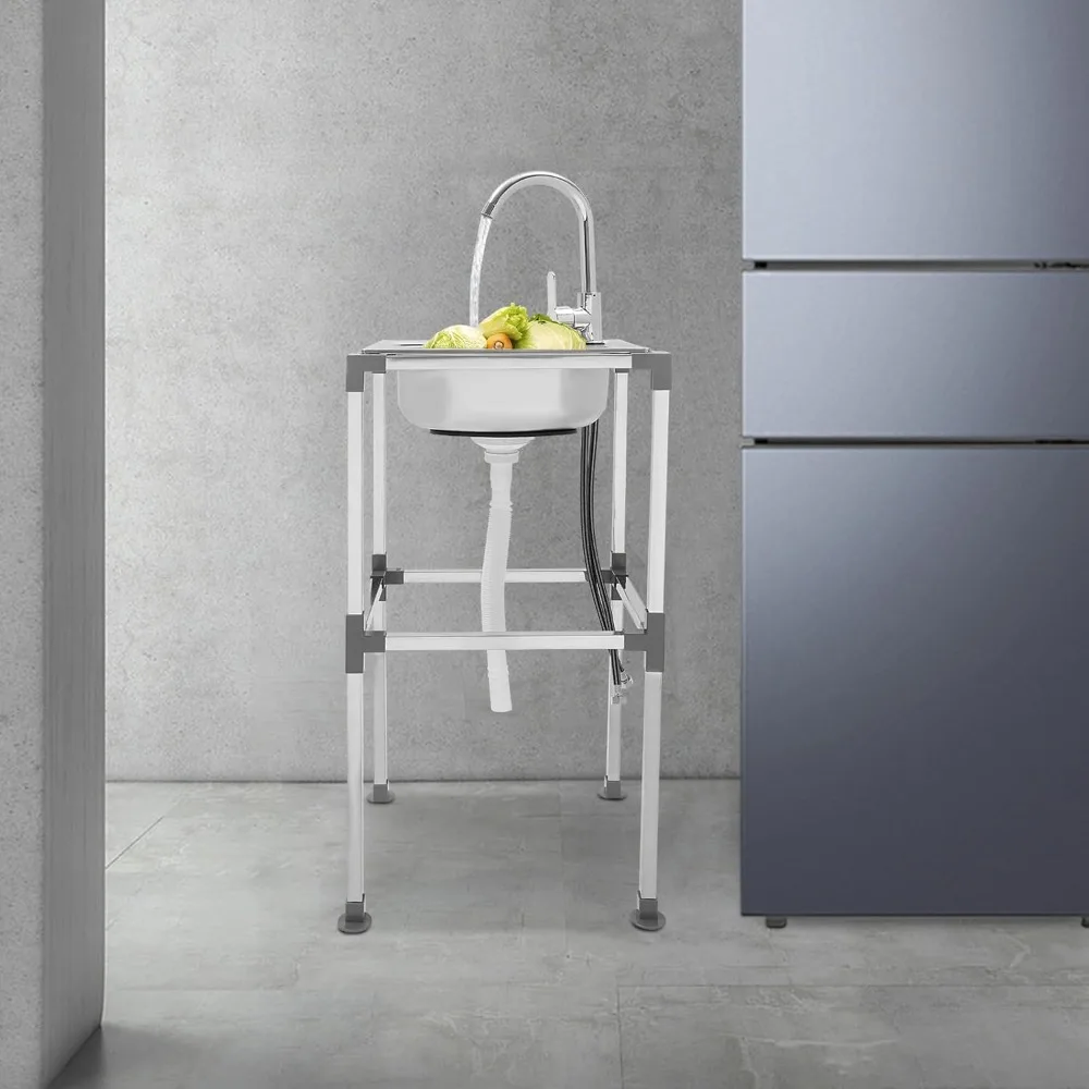 حوض مطبخ ستنلس ستيل حوض غرفة الغسيل 1 مقصورة حوض قائم بذاته ث/صنبور بارد للحديقة بالوعة التجارية 38x33x75 سم