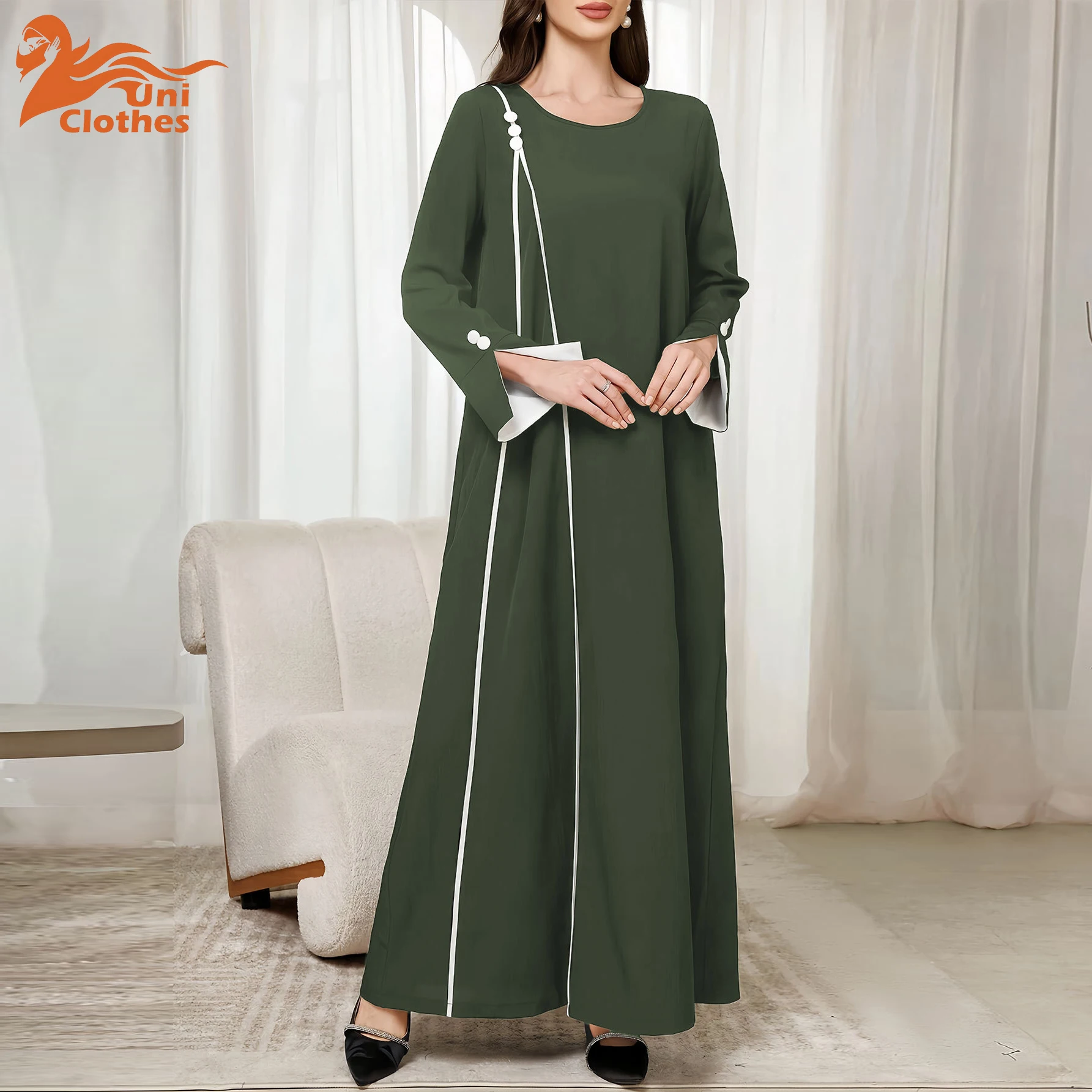 

UNI 2025 Новое Дубайское элегантное темно-зеленое мусульманское платье Абая с белыми акцентами и пуговицами с длинными рукавами, подробное скромное модное платье
