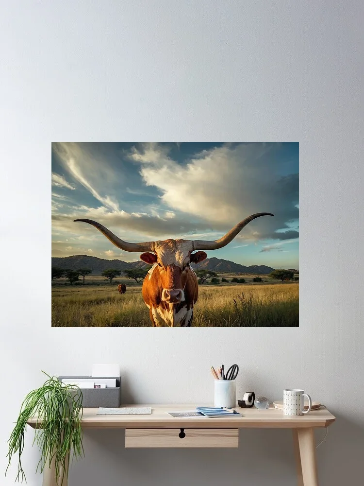 Texas Longhorn Modern Farmhouse Decor Animal Grazing at Dawn Cool , Art Picture Print Canvas Poster Home Wall Decor