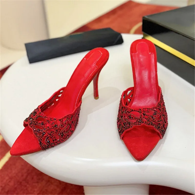 

2026 Fashion Women Red Rhinestone High Heels Shoes for Woman's Thin Heels Pointed Toe Open Toe Pumps Sexy Ladies Party Shoes