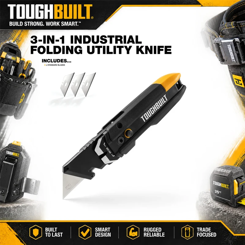 Toughbuilt TB-H4-12-IST Folding Utility Knife With Pry Bar And Blade Storage – Tool For Cutting And Wire Stripping
