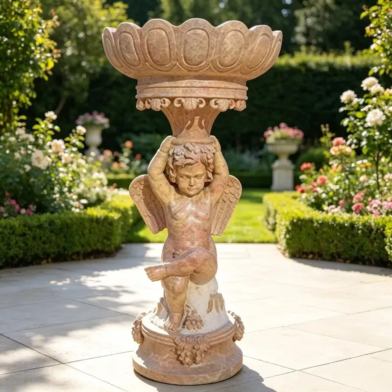 Hand Carved Winged Angel Marble Flower Pot Antique Statue Outdoor Garden Stone Planter for Wholesale Customization