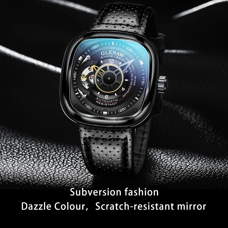 GLENAW New Square Large Dial Mechanical Watch Men with Scratch resistant Mirror Luminous Waterproof Top Luxury Mechanical Watch