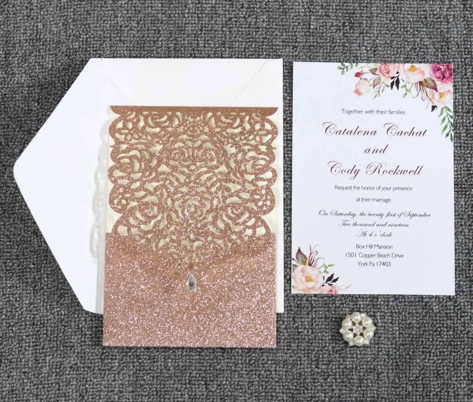 Glitter Laser Cut Rose Flowers Invitations Cards Pocket For Wedding & Engagement,50 Pcs