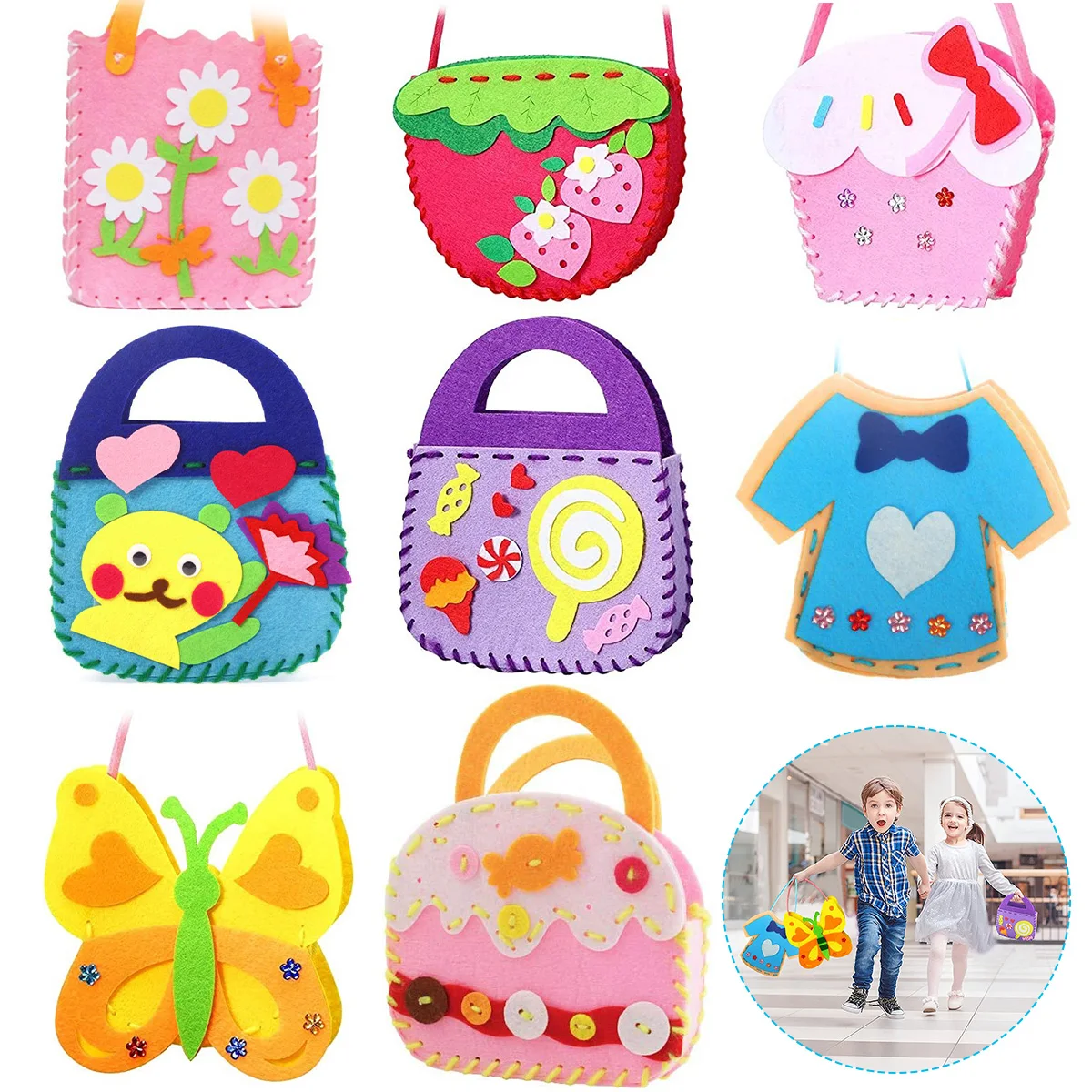 8Pcs/set Child Puzzle Simulation Sew Set DIY Felt Bag Set Kid Education Toy Craft Set Safe Needle Thread Felt Bag Boy Girl Gift