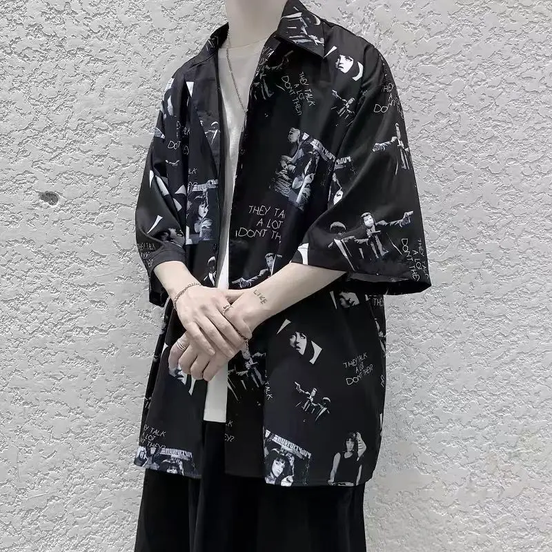 2023 Men\'s Clothing Turn-down Collar Loose Printing Button Elbow Sleeve Thin Spring Summer Streetwear Man Casual Korean Shirts