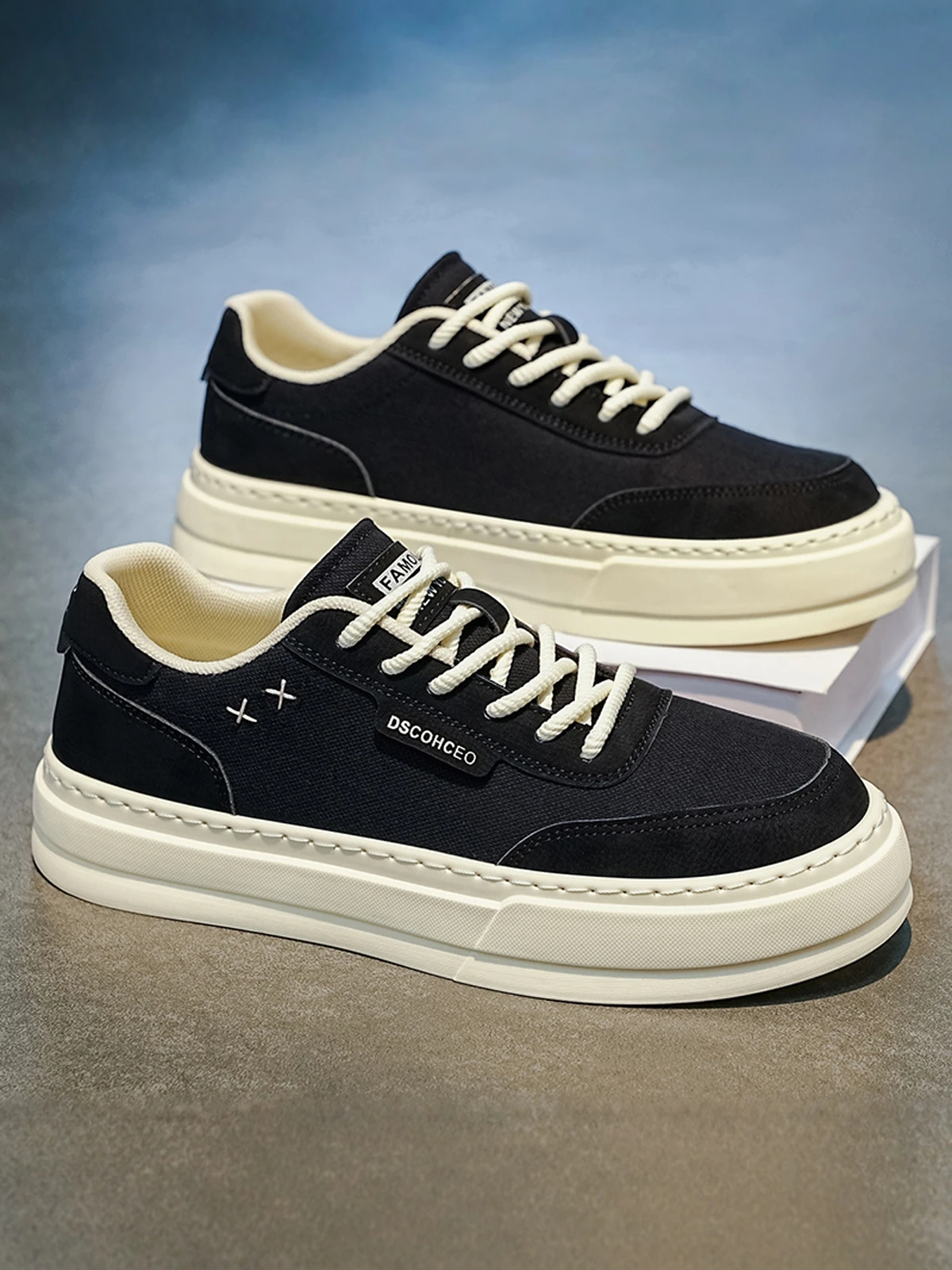 

Men's Summer Breathable Canvas Shoes Casual Sporty Office Wear Thick Bottom Platform Sneakers Black Trendy Shoe round Toe