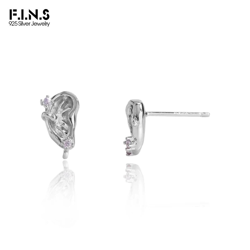 

F.I.N.S Korean Fashion S925 Sterling Silver Zircon Stud Earrings Small Abstract Ear-Shaped Pierced Fine Jewelry Accessories