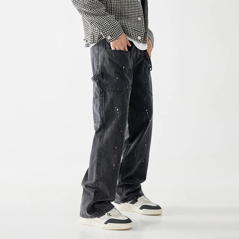 WTHT Vintage Men Spliced Deconstruct Graffiti Cargo Denim Pant Fashion Loose High-waisted Wide Leg Jean Male 2025 Autumn 2A2294