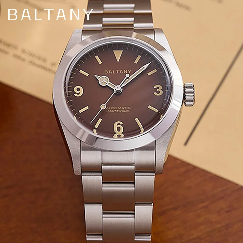 Baltany Vintage Explorer Homage Watch 36mm NH38 Tropical Dial Luminou Hands Sapphire Crystal Bracelet Retro Sports Wristwatches