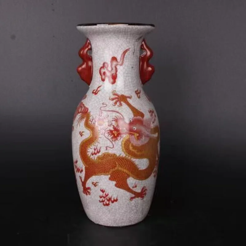 Exquisite Chinese porcelain painted dragon patterned double ear vase 24.5cm