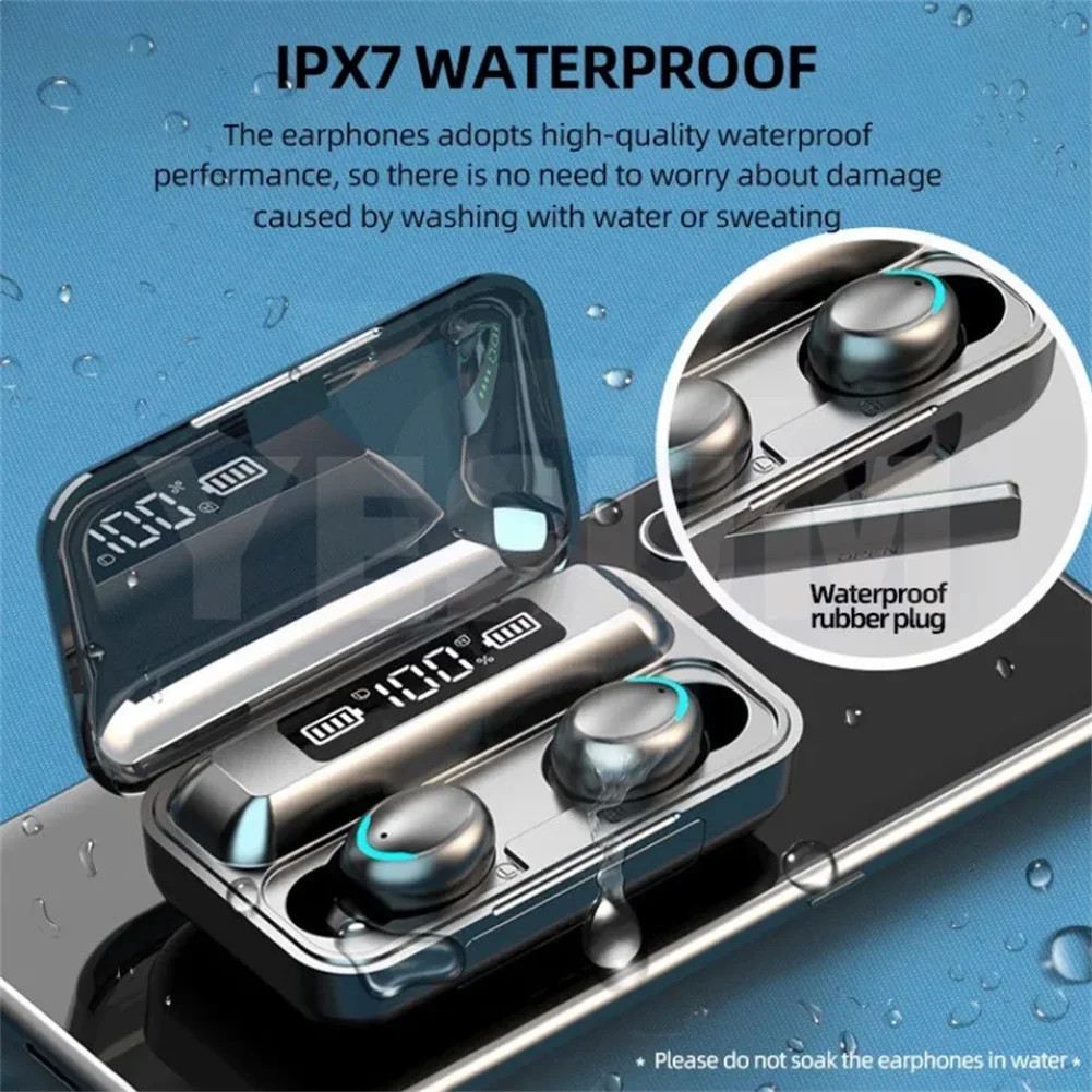 TWS F9 Wireless Earbuds Bluetooth-compatible 5.0 Headphones 9D Hifi Stereo LED Display Waterproof Earphone LED Digital Display