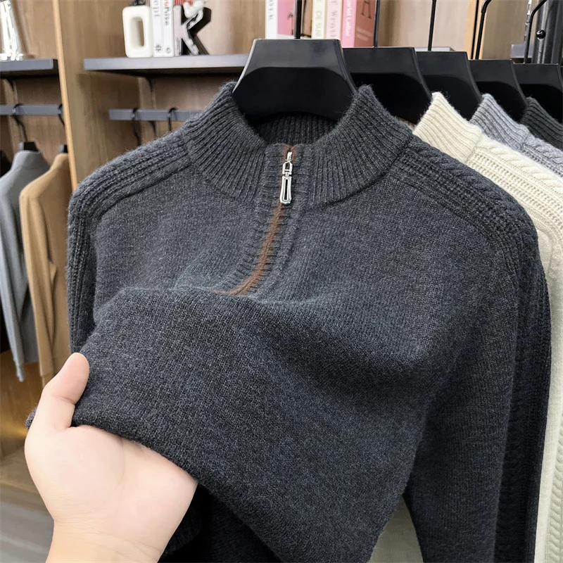 Winter Men's Semi High Neck Zipper Sweater, Thickened Middle-aged Casual Knit Sweater, High-end Brand Base Sweater