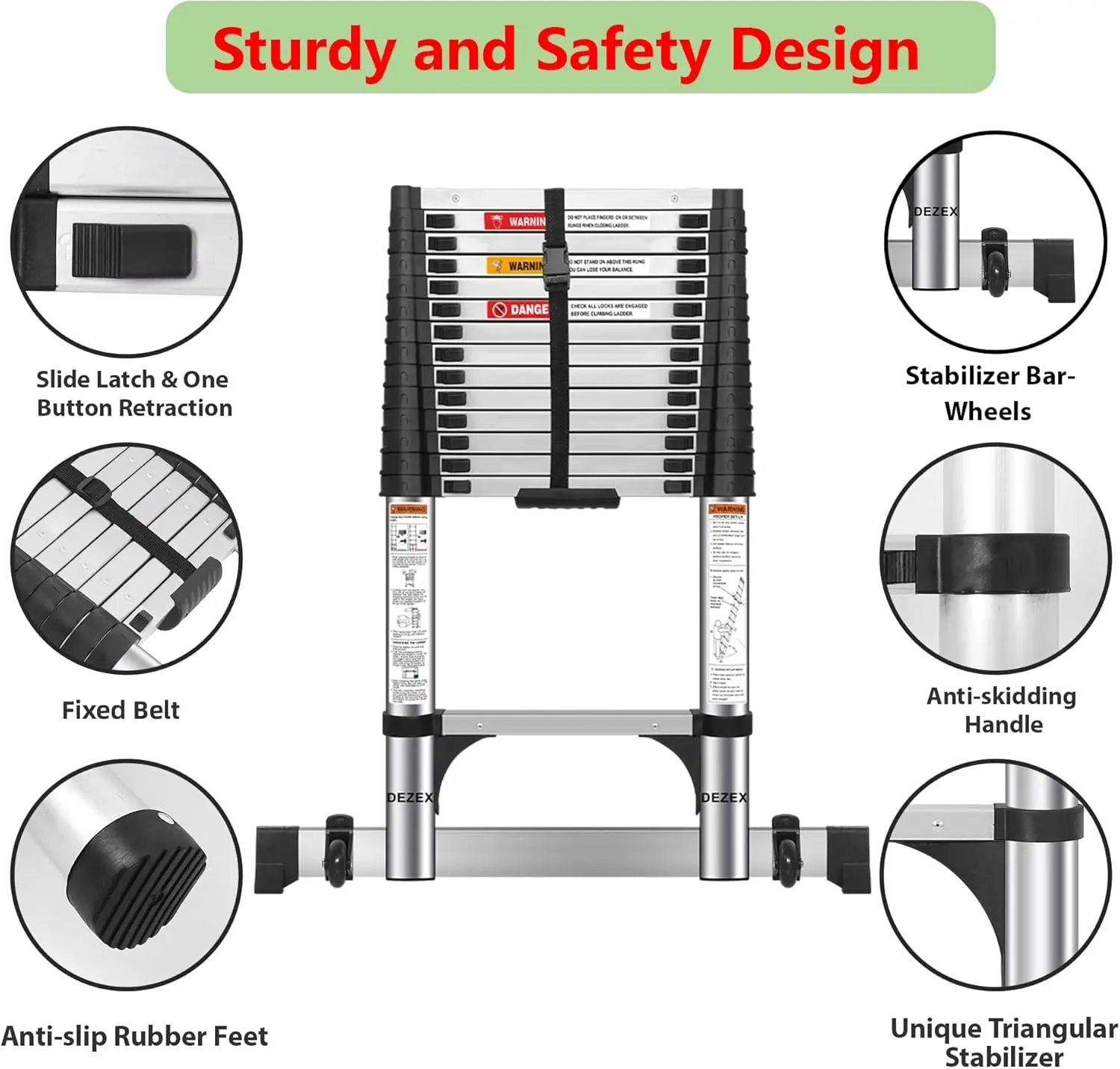 Telescoping Ladders Stainless Steel Telescopic Ladder - Multi-Button Retraction Collapsible Ladder for Home,RV,Loft, Lasts 375 L