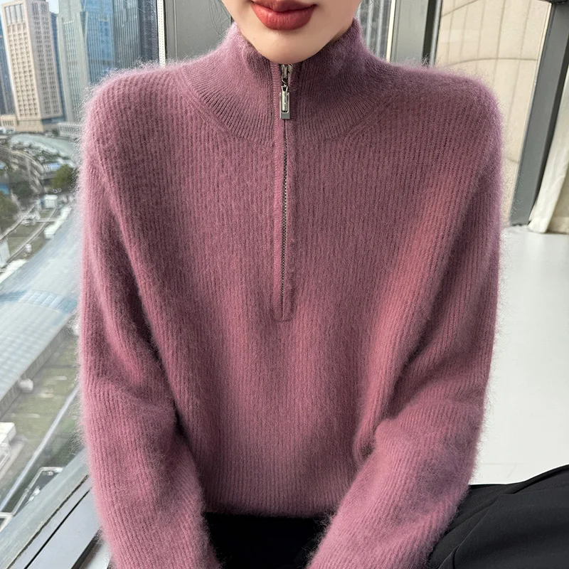

100% Pure Mink Cashmere Semi-Zipper Sweater Women's Semi-High-Neck Ingot Needle Knitted Pullover Casual Loose Joker Thick Shirt