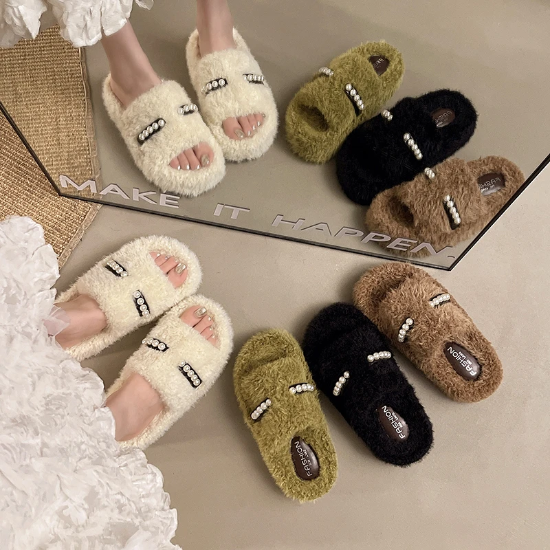 Fall Winter Women's Thick Bottom Slip-On Slippers Plush Casual High Arch Support Korean Style Synthetic Short Fur Slippers