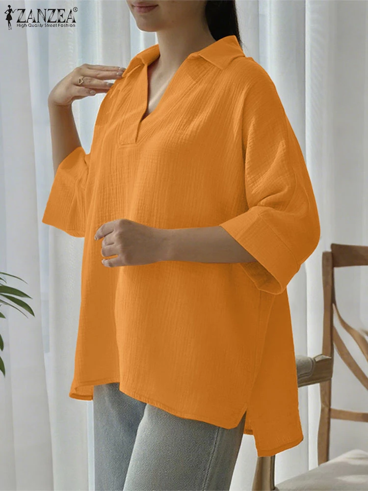 

ZANZEA Cotton Blouse Casual Loose 3/4 Sleeve Tops Women Elegant Lapel Neck Tops Solid Tunic 2025 Fashion Asymmetrical Pullover