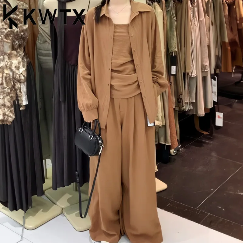 

KWTX Women’s 3-Piece Casual Pantsuit Set Solid Color Tencel Shirt Vest Straight Pants Vintage Elegant Luxury Spring Summer 2025