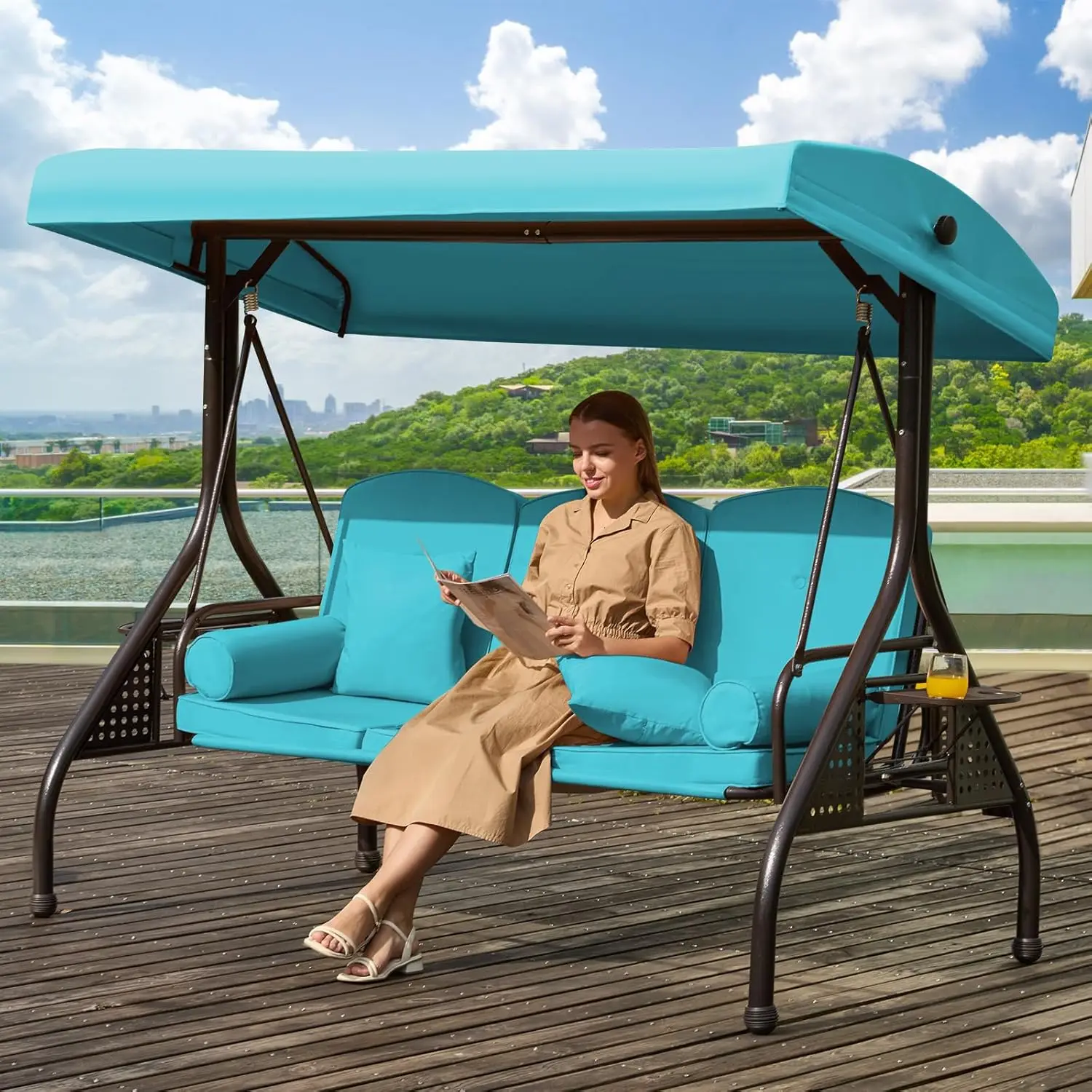 

3 in 1 Patio Swing with Adjustable Canopy for Adults, 3 Seat Outdoor Swing with Thickened Cushions,Pillows & Cup Holders